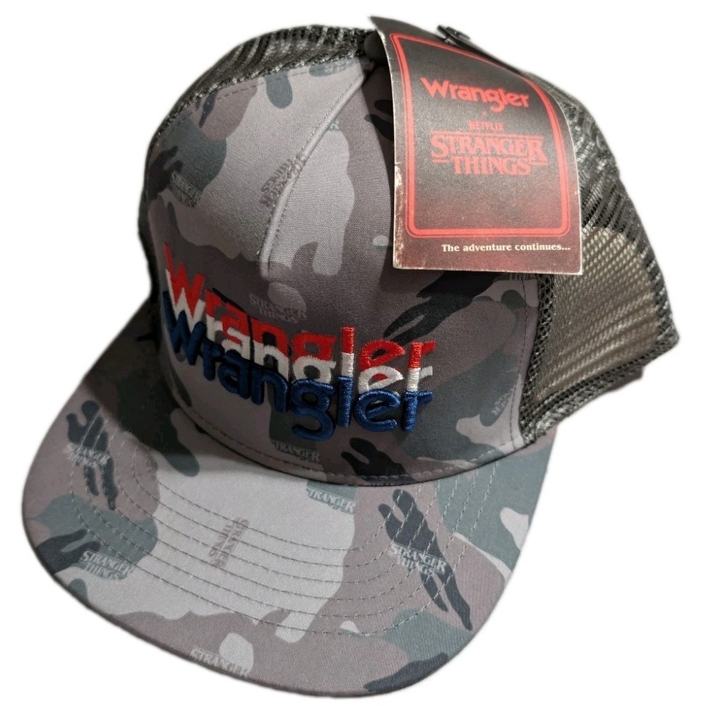 NWT Wrangler x Stranger Things Gray Camo Trucker Hat‎ Logo Snapback OS